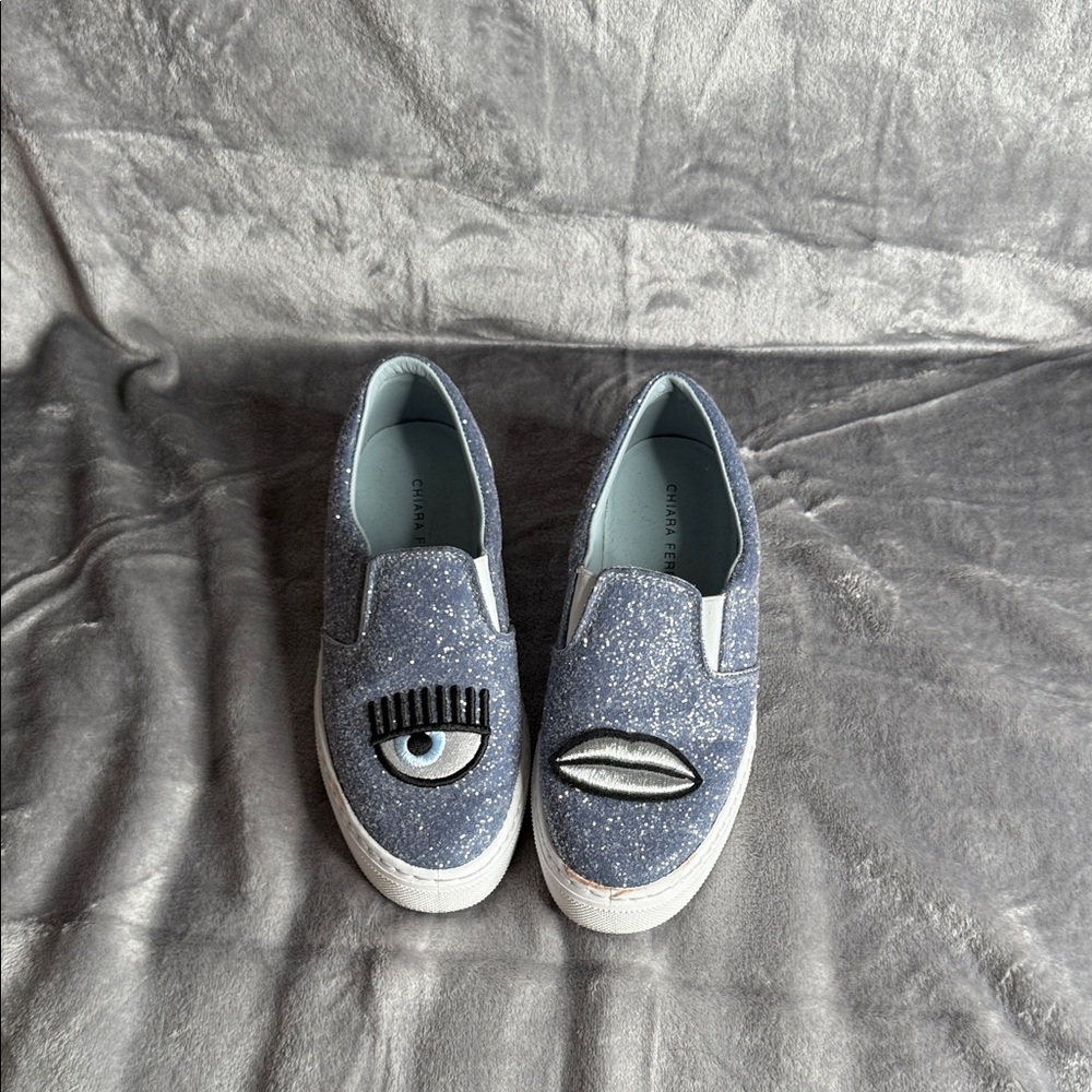 Chiara Ferragni Glittery Blue Eye Slip-On Sneakers